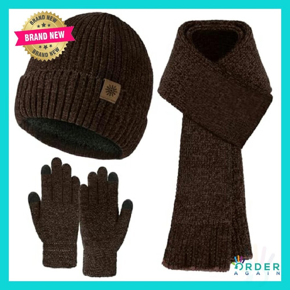 Winter Hat Gloves Scarf Set Warm Touchscreen Gloves Soft Chenille Unisex - Picture 2 of 8